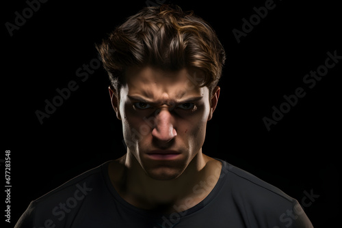 Sulking young adult Caucasian man, head and shoulders portrait on black background. Neural network generated image. Not based on any actual person or scene.