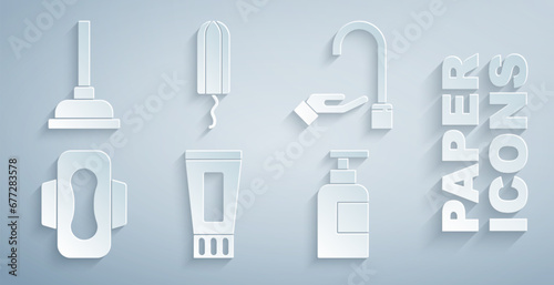 Set Tube of toothpaste  Washing hands with soap  Sanitary napkin  Bottle shampoo  tampon and Rubber plunger icon. Vector