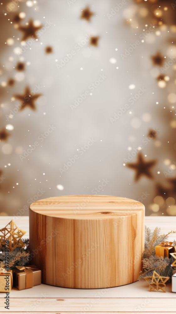 A simple wooden podium on a minimalistic festive background, including decorating stars, bokeh and presents. Vertical backdrop for product display in social media stories.