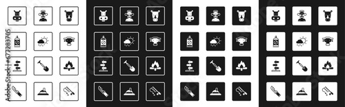 Set Rhinoceros, Cloud with rain, Spray against insects, Hippo or Hippopotamus, African buffalo head, tribe male, Campfire and Road traffic sign icon. Vector