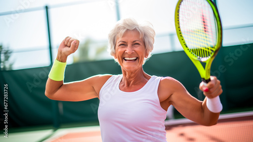 Joyful senior woman celebrating with tennis racket.