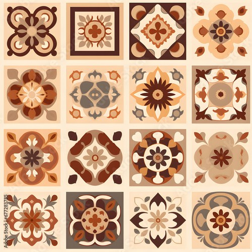 azulejo, seamless pattern. wall ceramic tiles. a repeating backdrop, a set of tiles in beige and brown colors. repeating background.