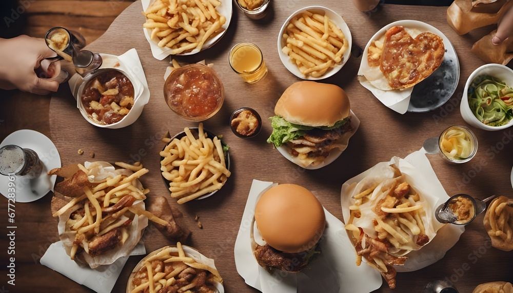 Overhead view of unhealthy fast food on table