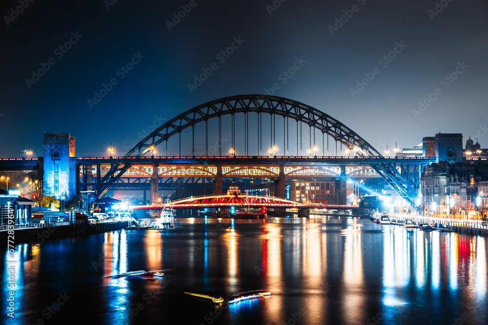 Night view of Tyne Bridge, an arch bridge over River Tyne in North East England, symbol of Tyneside