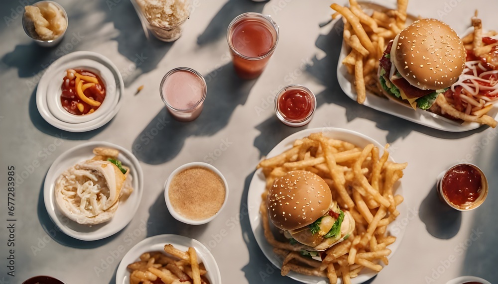 Overhead view of unhealthy fast food on table