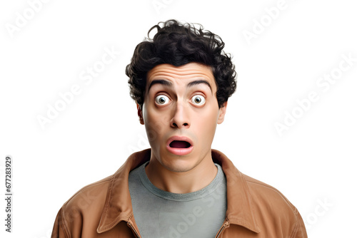 Surprised young adult pop-eyed Caucasian man with jaw dropped on white background. Neural network generated image. Not based on any actual person or scene.