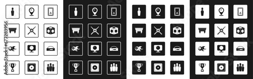 Set Billiard table, Crossed billiard cues and ball, Bowling pin, chalk, Location with, Case for and icon. Vector