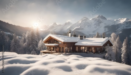 realistic image of a contemporary mountain retreat covered in fresh snow, with sunlight reflecting off the pristine white surface. © holdstillandclick