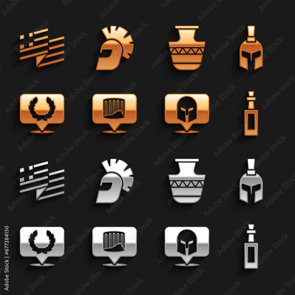 Set Ancient column, Greek helmet, Bottle of olive oil, Laurel wreath, amphorae, Greece national flag and icon. Vector Set Ancient column, Greek helmet, Bottle of olive oil, Laurel wreath, amphorae, Greece national flag and icon. Vector