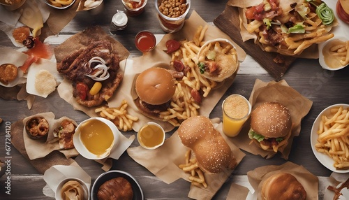 Overhead view of unhealthy fast food on table