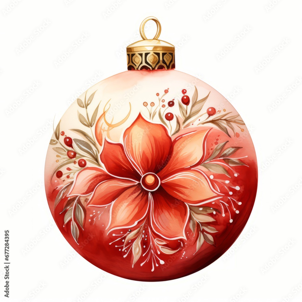 Hand painted ceramic Christmas ball in red and gold tones, artistic details and boho charm, watercolor clip art, vector image white background. For banners, posters, advertising. AI generated. Hand painted ceramic Christmas ball in red and gold tones, artistic details and boho charm, watercolor clip art, vector image white background. For banners, posters, advertising. AI generated.