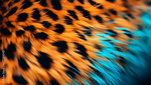 Seamless leopard/jaguar print with black spots on neon orange and blue background. Vector illustration animal print, surface pattern. Punk rock eighties/80s fashion style textile pattern.