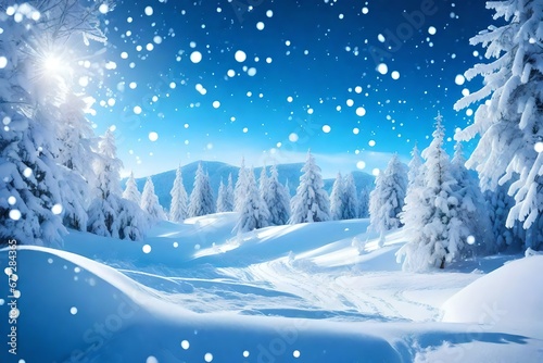 Natural Winter Christmas background with sky, heavy snowfall, snowflakes in different shapes and forms, snowdrifts. Winter landscape with falling christmas shining beautiful snow. © Muhammad