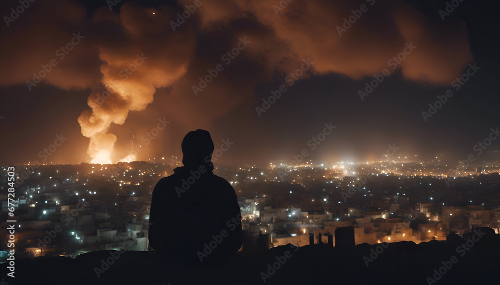 Silhouette of a man sitting on the top of a hill and looking at the city at night
