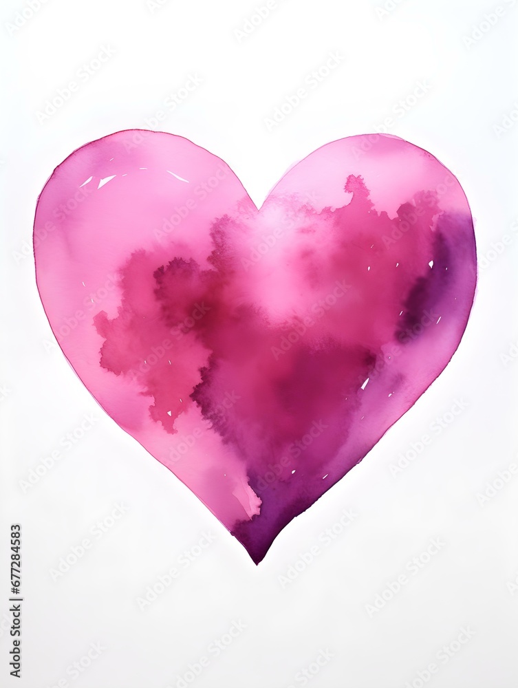 Drawing of a Heart in magenta Watercolors on a white Background. Romantic Template with Copy Space