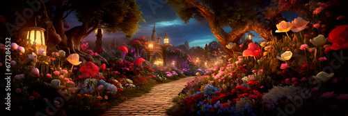 magical garden filled with oversized, vibrant flowers. warm glow that illuminates a charming pathway winding through the garden.
