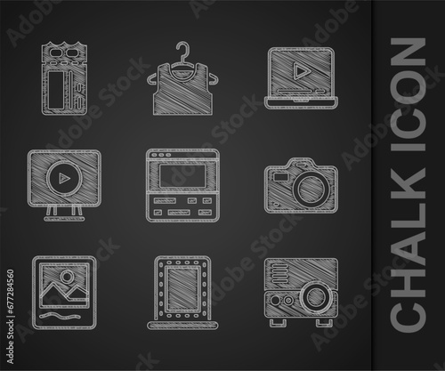 Set Video recorder on laptop, Makeup mirror with lights, Media projector, Photo camera, frame, Online play video, and Cinema ticket icon. Vector