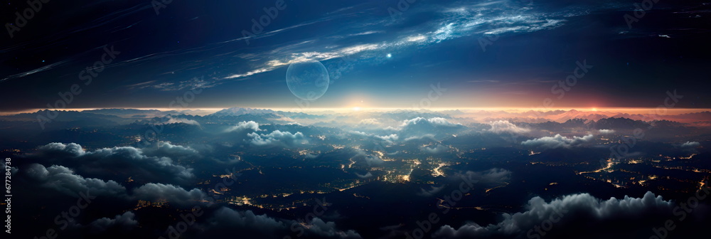 Earth as seen from space, where glowing city lights blend with celestial radiance and wisps of light clouds.