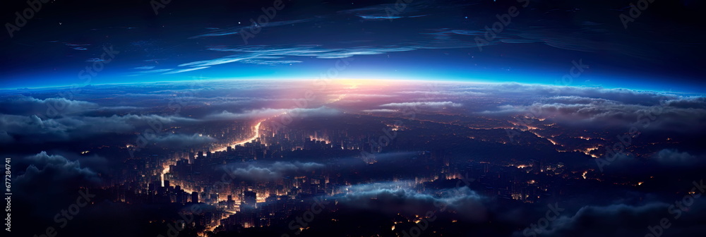 Earth as seen from space, where glowing city lights blend with celestial radiance and wisps of light clouds. Earth as seen from space, where glowing city lights blend with celestial radiance and wisps of light clouds.
