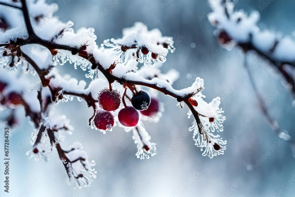 Abstract frozen twig with blackthorn berry