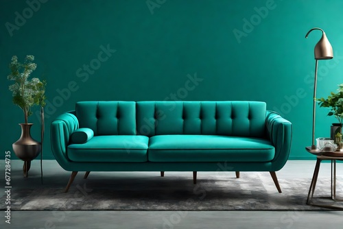 Teal sofa or couch with side tables on a teal background.