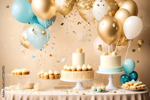 Light gold dessert table with balloons and confetti, baby shower concept for a boy.
