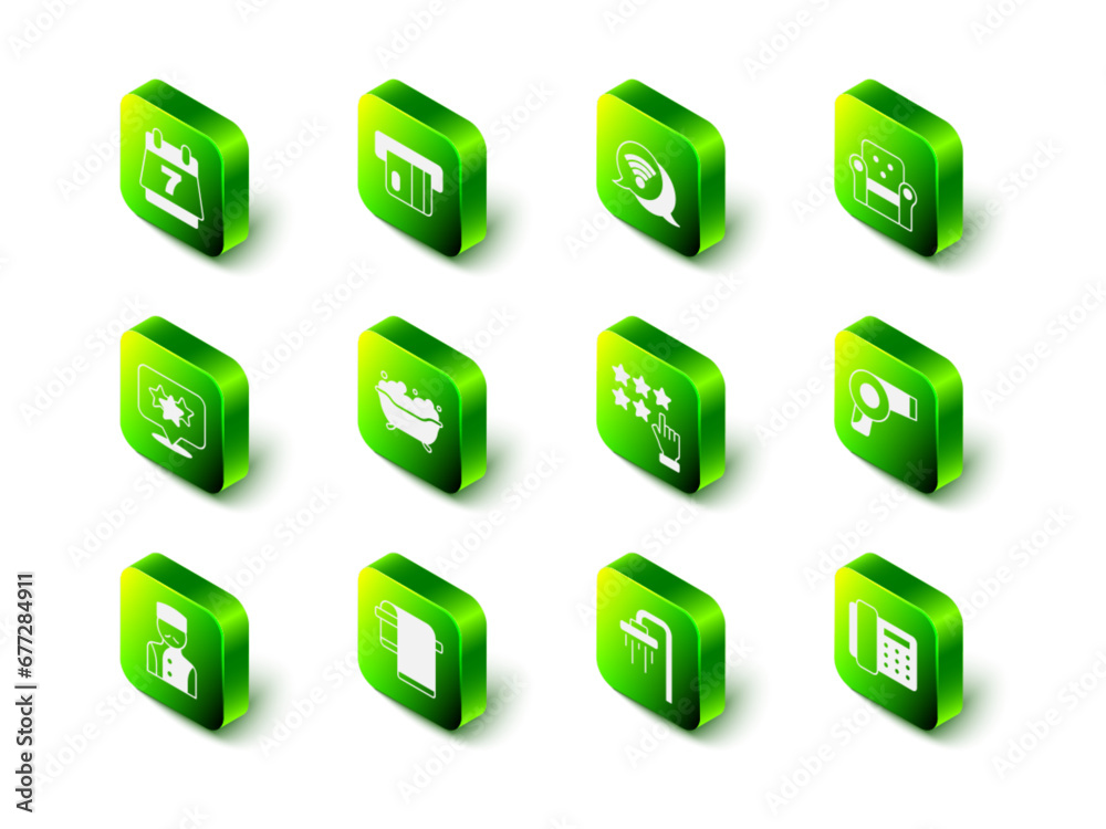 Set Credit card, Wi-Fi wireless internet, Armchair, Hair dryer, Telephone handset, Stars rating, Shower and Towel hanger icon. Vector Set Credit card, Wi-Fi wireless internet, Armchair, Hair dryer, Telephone handset, Stars rating, Shower and Towel hanger icon. Vector