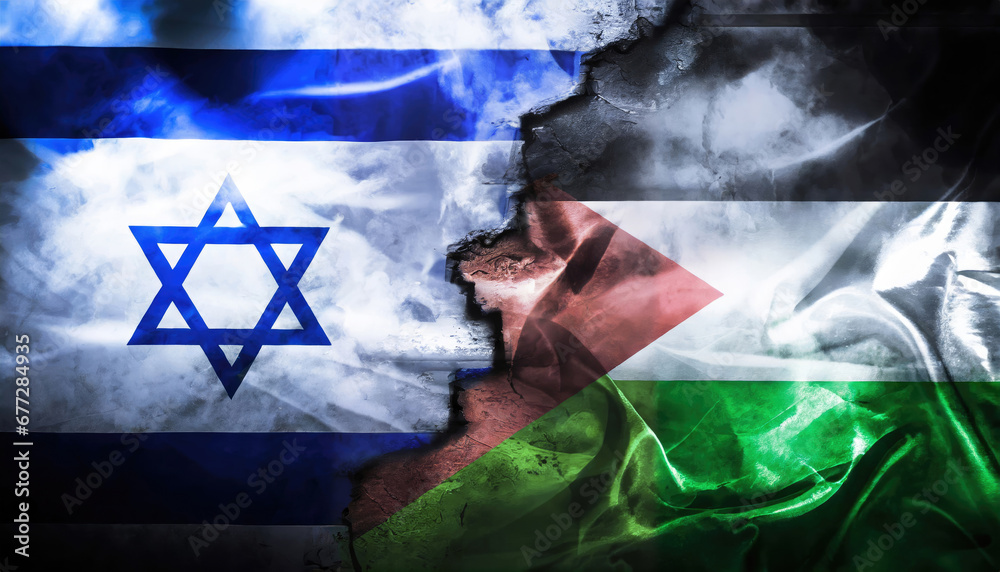 Torn Flags Of Israel And Palestine Symbolizing Conflict In Flames 
