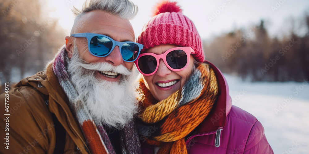 Older couple having fun - smiling. Winter landscape, senior man giving woman piggyback ride. Older couple having fun - smiling. Winter landscape, senior man giving woman piggyback ride.