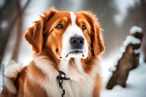 a dog outdoors in winter at the rocks. Nova Scotia duck tolling Retriever. Travelling with a . Healthy lifestyle