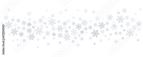 Christmas snowflakes background. Winter silver snow border decoration, greeting card. Noel subtle frame backdrop. Vector illustration