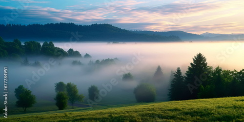 Peaceful scenes where landscapes are veiled in morning mist and fog.