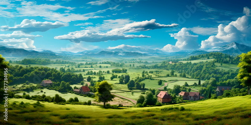 A countryside-themed background with a top view of a serene rural landscape  suitable for getaway destinations