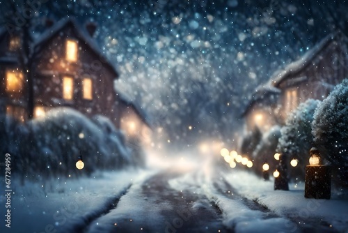 Gorgeously blurred countryside lane with Christmas lights and snowfall during a happy night or evening. Defocused Christmas abstract background. © Muhammad