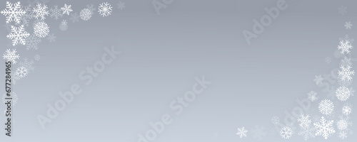 Christmas snowflakes frame background. Winter silver snow falling minimal decoration, greeting card. Noel subtle backdrop. Vector illustration