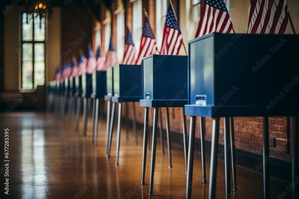Straight on row of voting booths at polling station during American election. US flag in background. - obrazy, fototapety, plakaty 