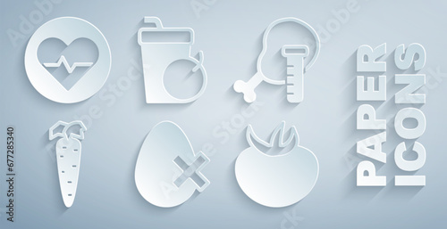 Set No egg, Genetically modified chicken, Carrot, Tomato, Fresh smoothie and Heart rate icon. Vector