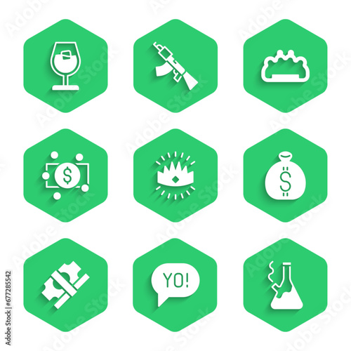 Set King crown, Yo slang lettering, Glass bong for smoking marijuana, Money bag, Stacks paper money cash, Brass knuckles and Wine glass icon. Vector