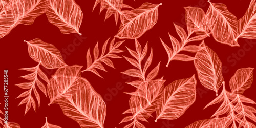 Coral Tropical Foliage Plant. Pink Leaf Background Watercolor. Red Palm Leaf Drawing. Brown Tropical Leaves Hibiscus. Fashion Monstera Leaf Wallpaper.