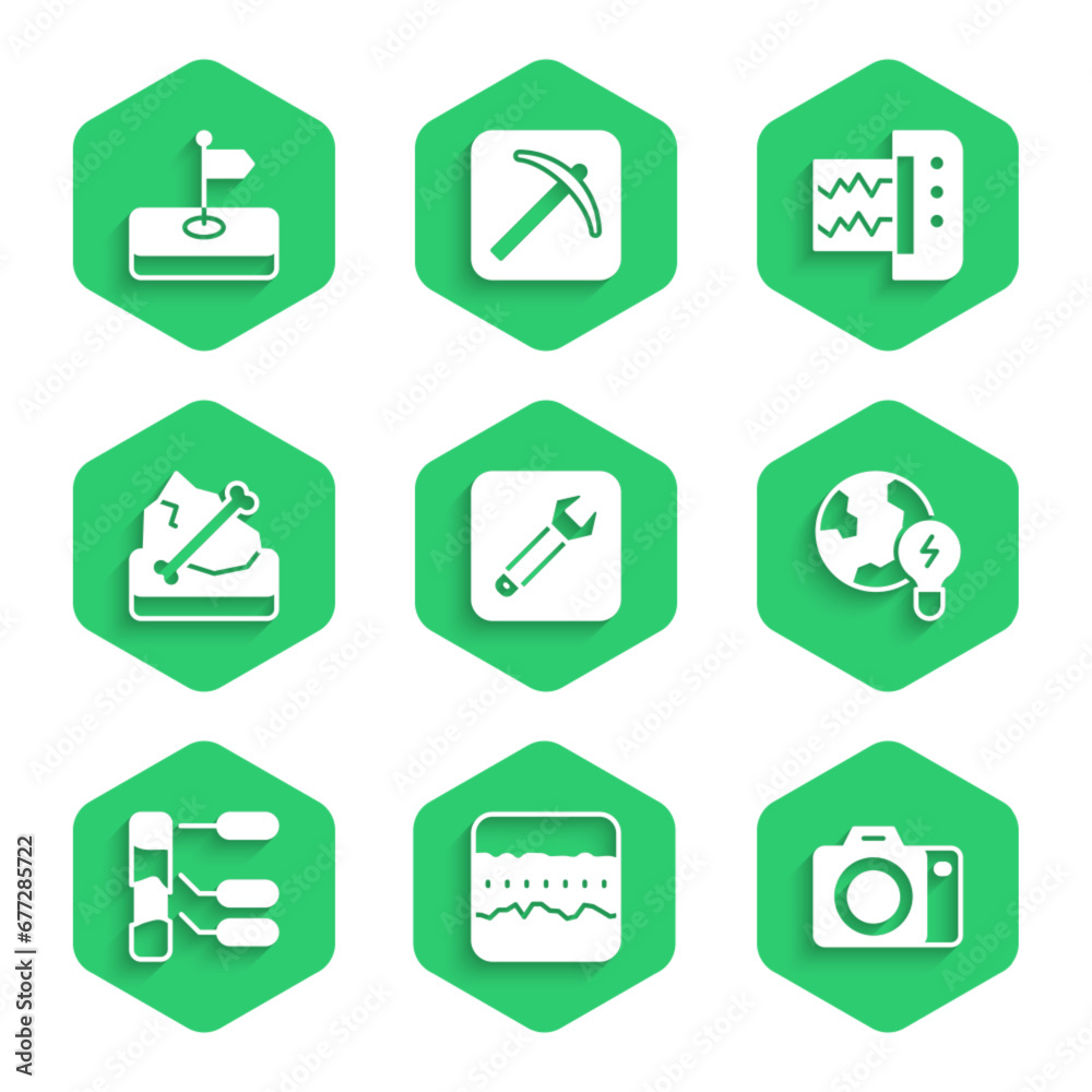 Set Wrench spanner, Soil ground layers, Photo camera, Global planet with bulb, analysis, Archeology, Seismograph and Flag icon. Vector