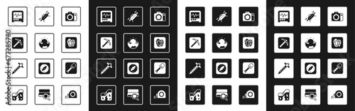 Set Photo camera, Earth core structure crust, Pickaxe, Seismograph, Gem stone, Drone, Shovel and Construction jackhammer icon. Vector