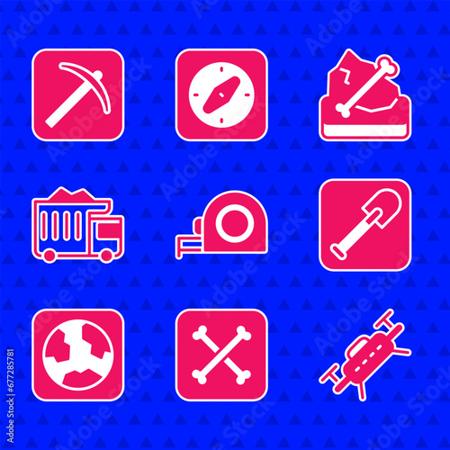 Set Roulette construction, Archeology, Drone, Shovel, Earth globe, Mining dump truck, and Pickaxe icon. Vector