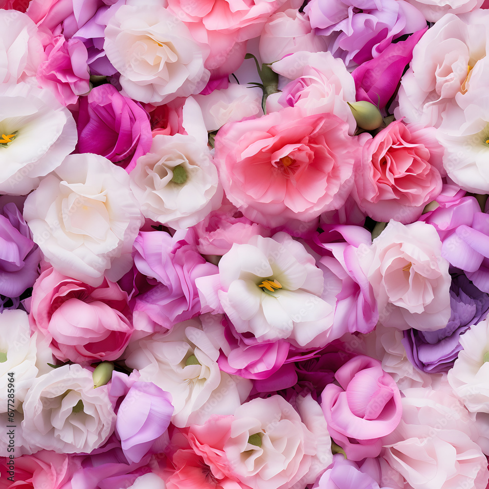 Fototapeta premium eustoma as a background, white, lilac and pink flowers. floral backdrop. bouquet, top view.