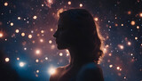 Silhouette of a beautiful woman with closed eyes against fireworks background