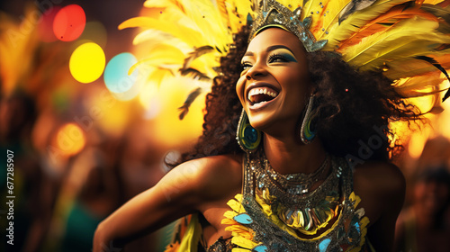 An atmospheric photo of a dazzling hypnotic samba dancer at the Rio Carnival celebrations © mikhailberkut