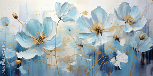 Abstract oil painting Blue petals, flowers with golden lines, using a palette knife #677285945