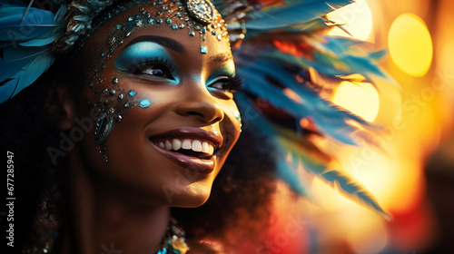 An atmospheric photo of a dazzling hypnotic samba dancer at the Rio Carnival celebrations