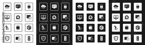 Set Cyber security, NFT Digital crypto art, Monitor with store app, cloud, blockchain technology, and icon. Vector