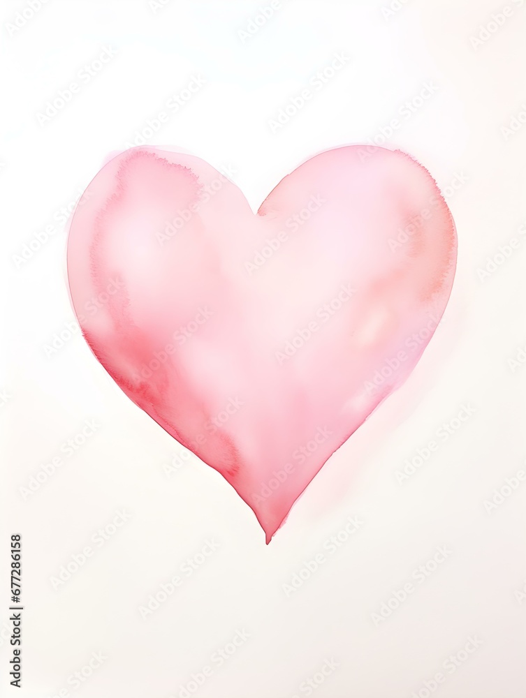 Drawing of a Heart in pink Watercolors on a white Background. Romantic Template with Copy Space