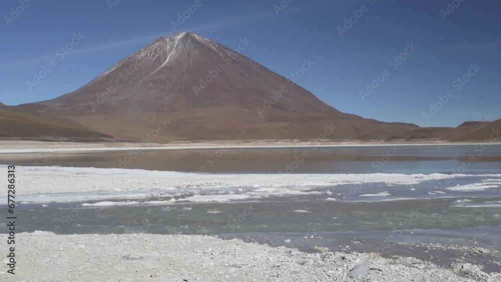 laguna verde and blanca in the arid landscape near volcano Licancabur in the high altitude of the Altiplano in the Andes mountains in the highlands of Bolivia. laguna verde and blanca in the arid landscape near volcano Licancabur in the high altitude of the Altiplano in the Andes mountains in the highlands of Bolivia.